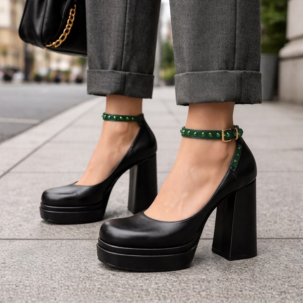 MNG Mango Black Chunky Platform Mary Jane Heels | Y2K Gothic Studded Ankle Strap